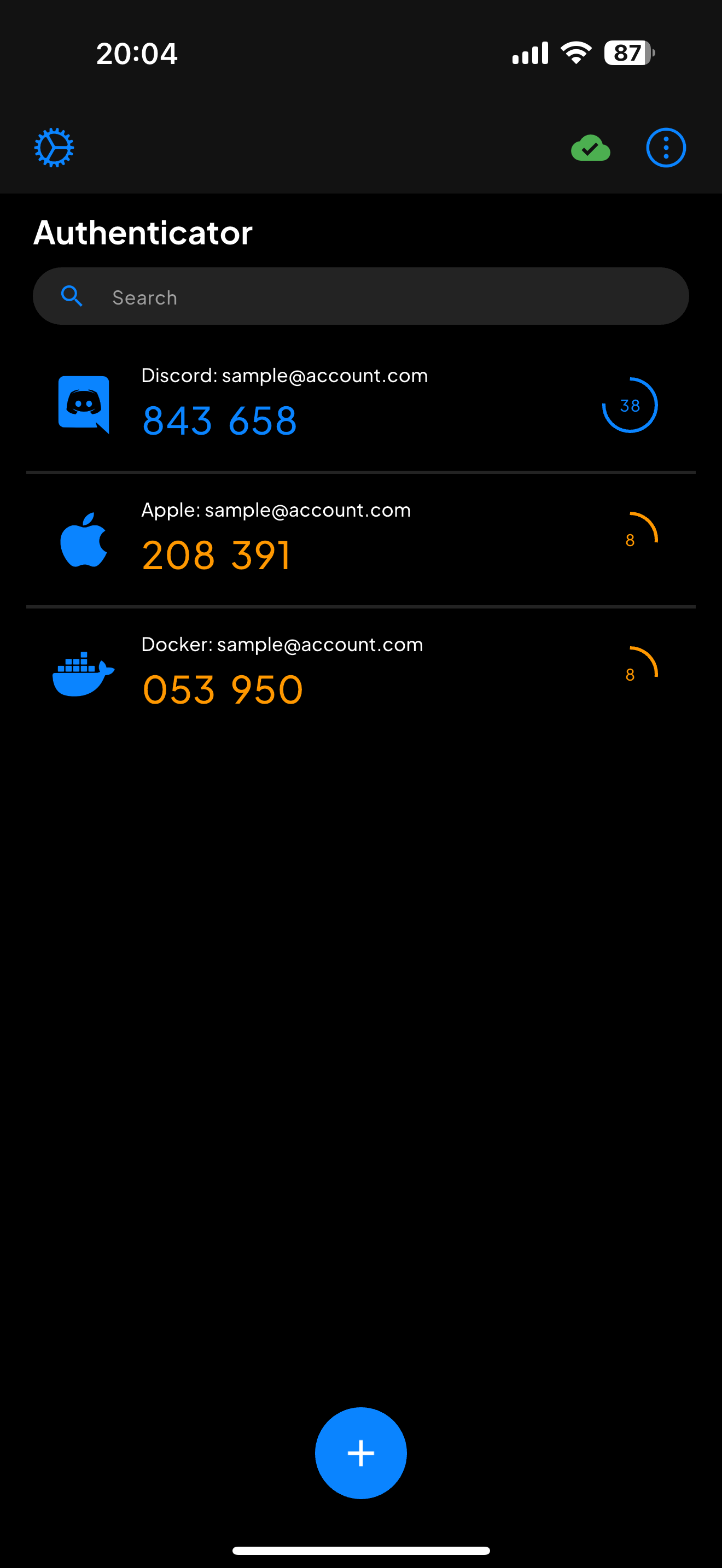 Authenticator code list showing generated security codes