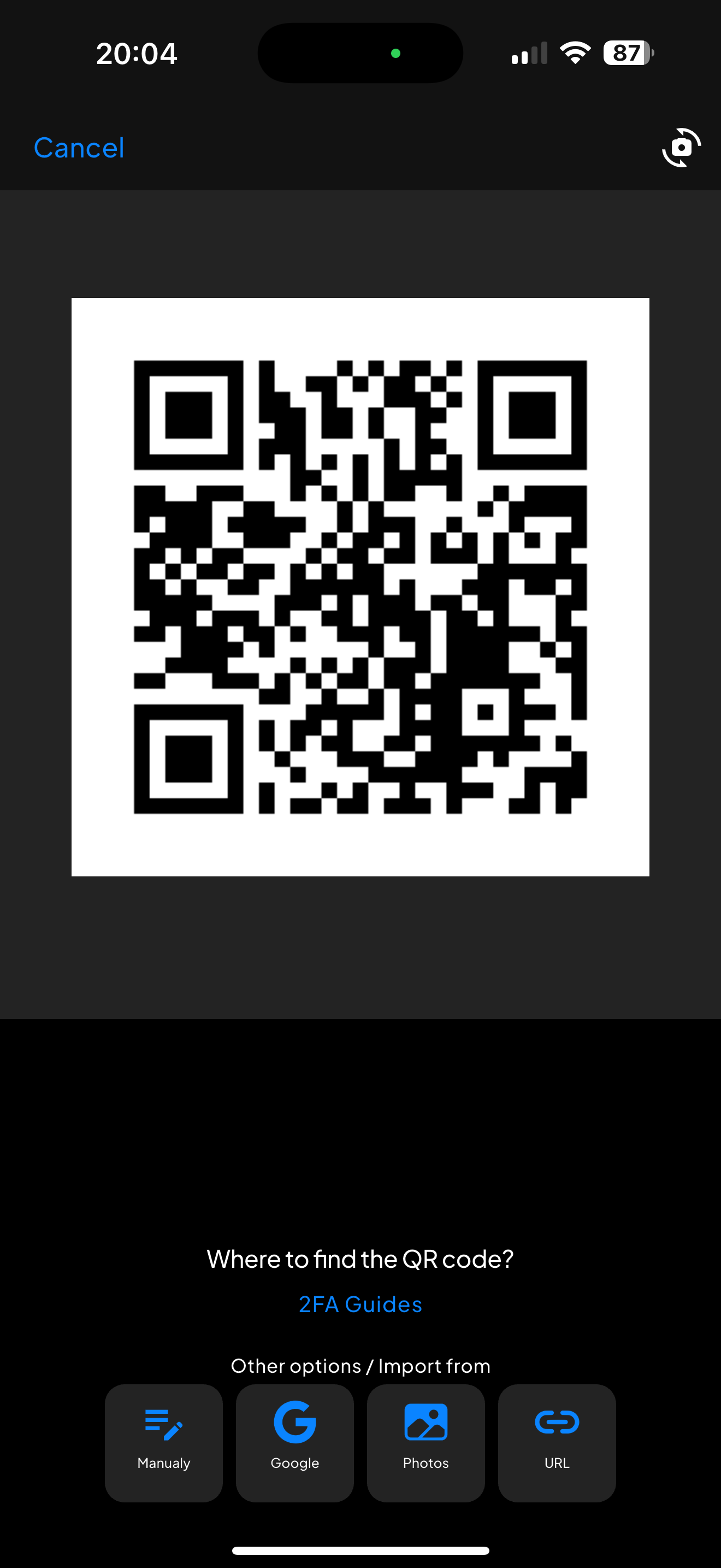 Authenticator add account screen with QR scanner