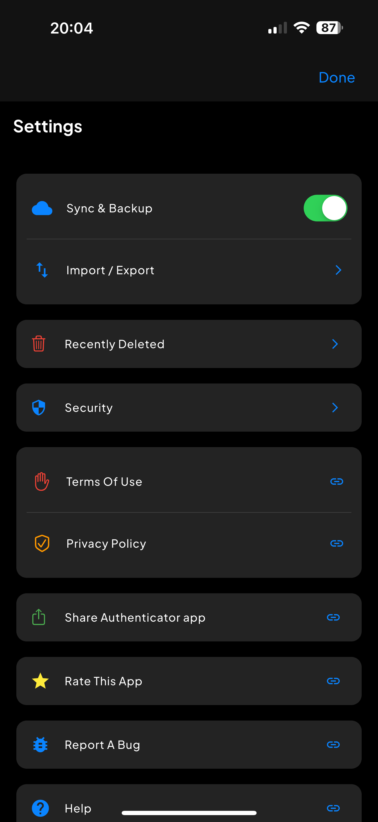 Authenticator settings screen with security options